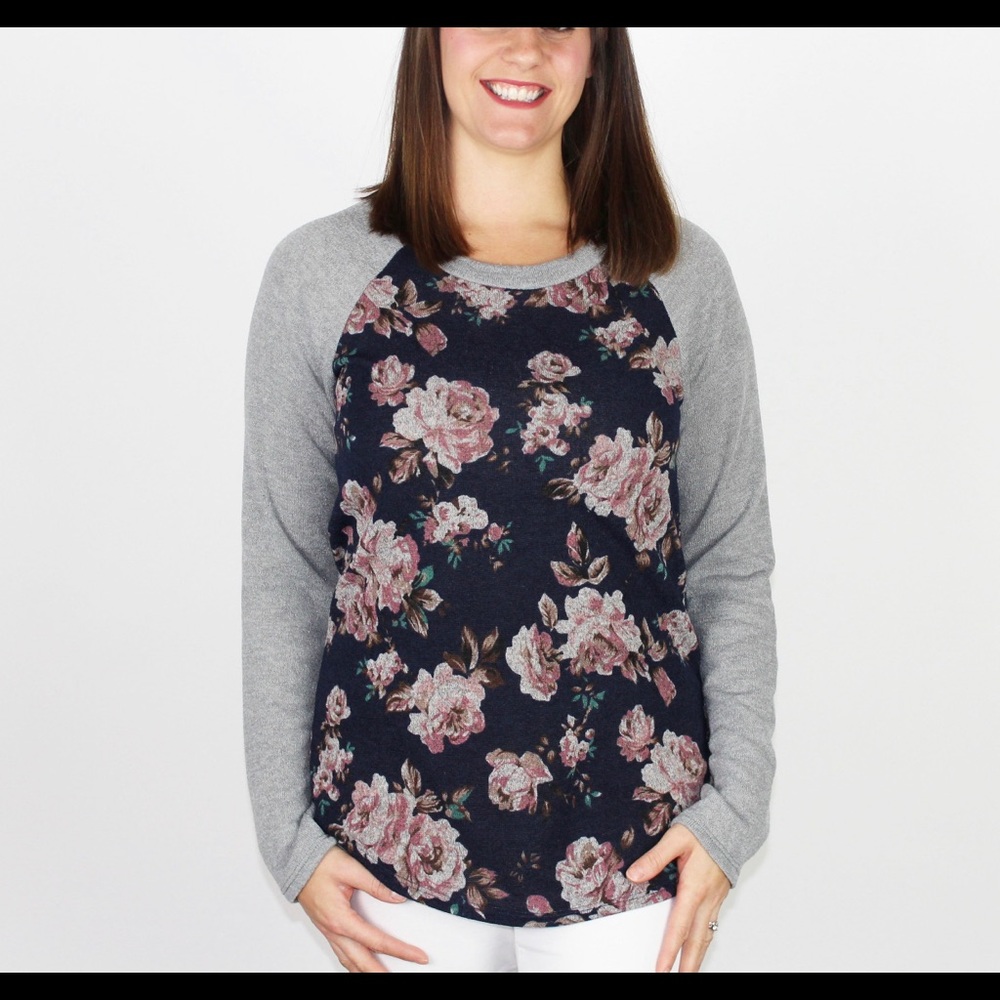 Navy Floral Baseball Knit Sweater